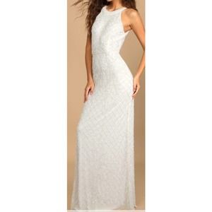 LULU'S XL All the Romance White Beaded Sequin Halter Mermaid Maxi Dress NEW B46